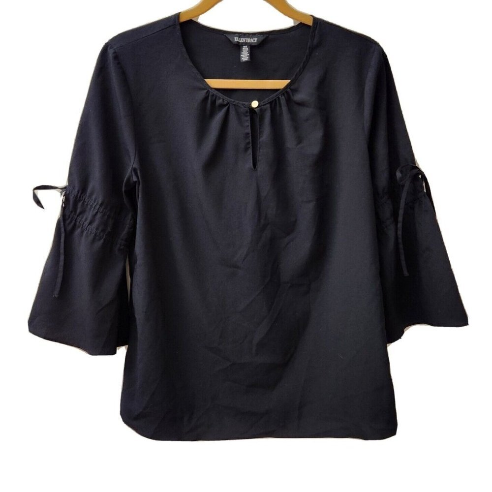 Ellen Tracy Black Blouse Size Small 3/4 Bell Sleeves Keyhole button Front
